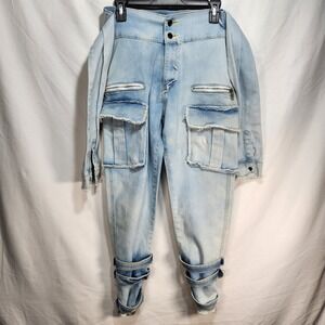 My Boo Brand Distressed High-Waisted Jeans with Tie Belt Size Small Cargo Pocket